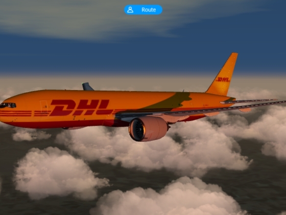 777F DHL flying over California in the sunrise
